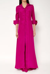 Camisa larga de seda con flores a mano fucsia