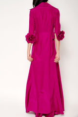 Camisa larga de seda con flores a mano fucsia