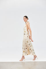 Halter extra long dress - Eco print beige - Pre-Order