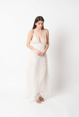 MAXI VESTIDO CON CAPELINA EN ORGANZA DE SEDA