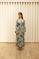 Vestido Cassatti satén pájaro azul-gris